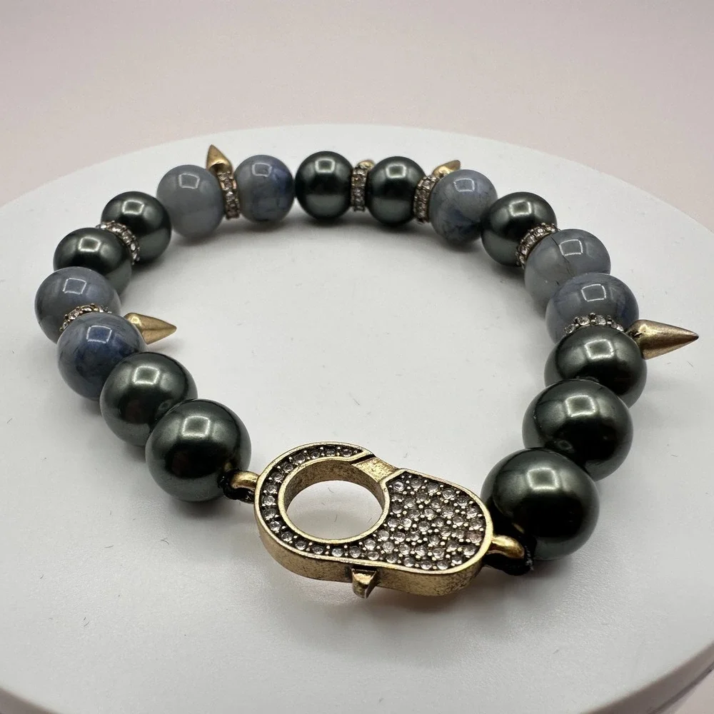Vintage 80s Beaded Stretch Bracelet Slate Grey Hematite Gold Tone Spikes Jewelry